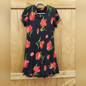 Dawn Joy Fashions Womens Vintage Black Red Floral Short Sleeve Mini Dress Sz 14